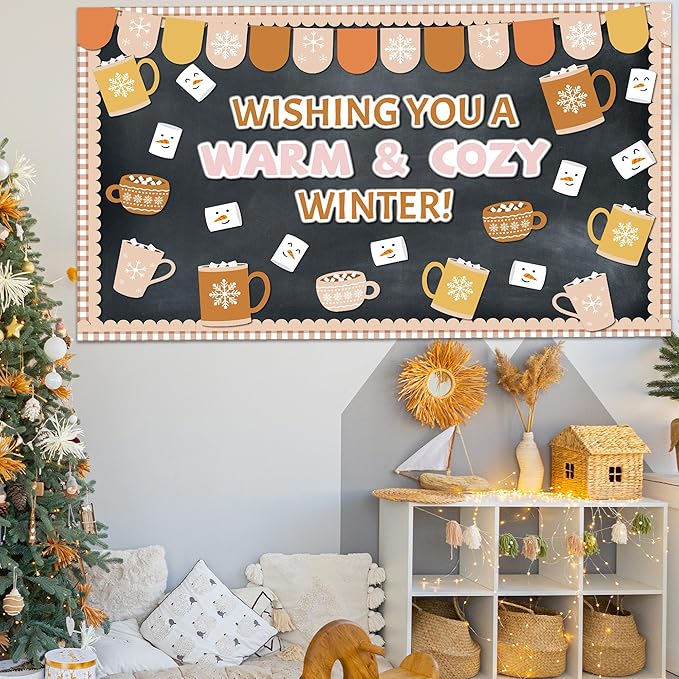 Winter Bulletin Board Christmas Hot Cocoa Bulletin Board Set Classroom Decoration Wish You A Warm Cozy Christmas Cutouts for Winter Xmas Holiday School Office Home Chalkboard Wall Door Decor