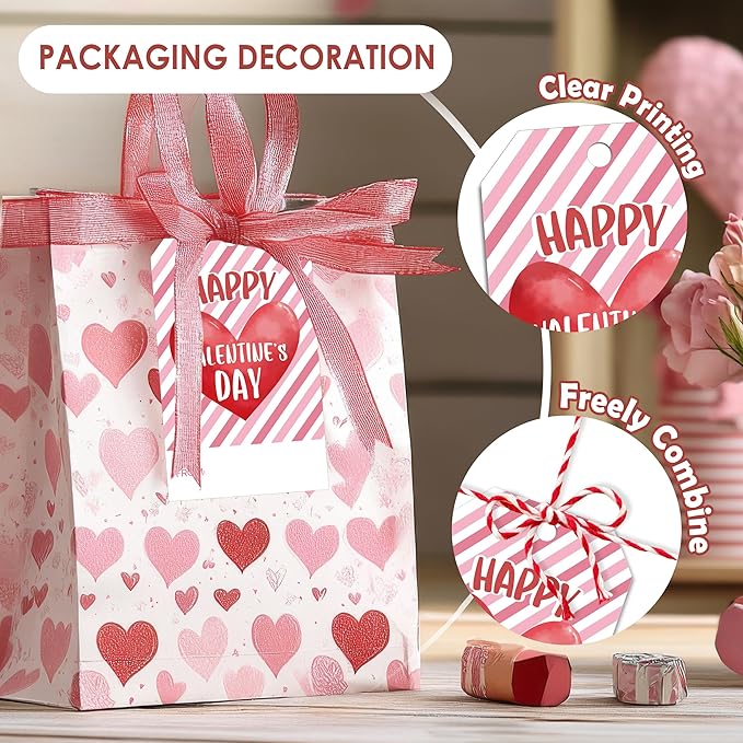 Happy Valentines Tags for Bags - 50Pcs Valentine Gift Tags with String, Hanging Paper Gift Label for Wrapping Treat Bag, Idea Valentines Activity School Classroom Party Favors