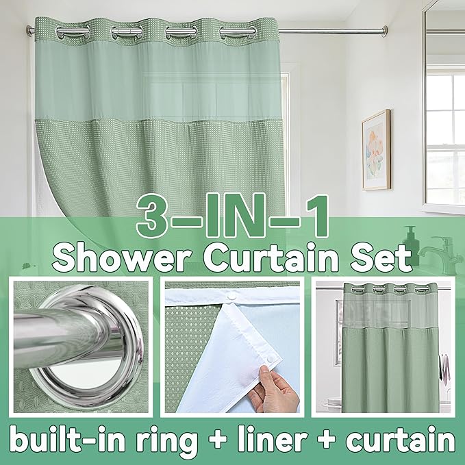 Conbo Mio Extra Long No Hook Sage Green Waffle Weave Shower Curtain with Snap in Liner Set, Hotel Luxury Shower Curtains for Bathroom with See Through Top Window, Waterproof, Washable 71W x 84H