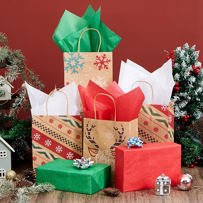 JOYIN 72 Sheets Glitter Tissue Paper for Gift Bags, Red Green White Tissue Paper for Gift Wrapping Supplies, 20" x 20" Christmas Wrapping Paper for Gift Wrap DIY Craft Decorations