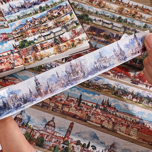 32 Rolls Vintage Washi Tape Set, European Cityscapes with Architectures & Scenery, Writable Decorative Tapes for Scrapbooking, Junk Journal Bullet Journal Supplies 8-50mm Wide, Artistic Adhesive Tape