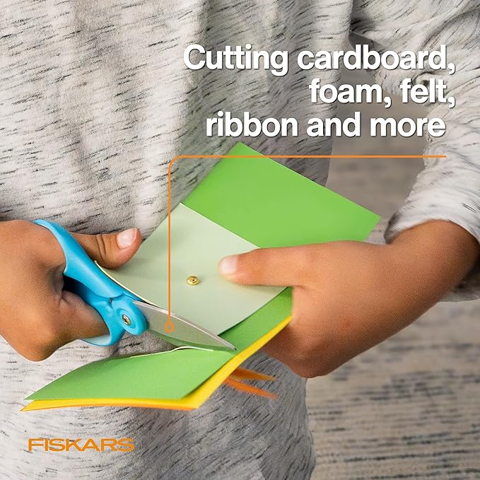 Fiskars Kids Cardboard Creator – Safer Cardboard Cutting Tool with Ergonomic SoftGrip Handle, for Craft and School Supplies, 5 Inches, Rubber and Stainless Steel