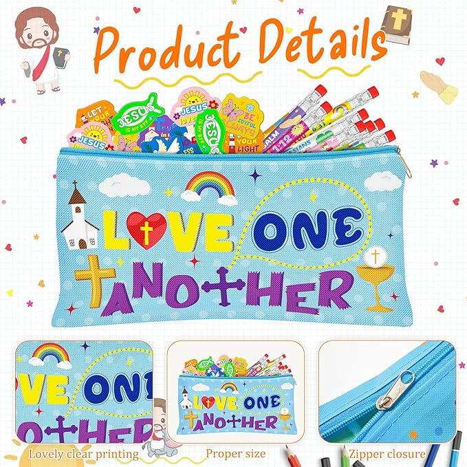 Cinrobiye 48 Pcs Bible Verse Party Favors Sets Religious Motivational Gift Motivational Bible Verse Pencil Case Pouch Pencils Erasers for Religious Gifts Sunday School Prizes Supplies