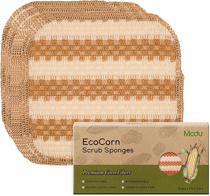 Modu 10 Pcs EcoCorn Dish Scrubber Sponges – 100% Corn Fiber, Biodegradable Dishwashing Scrub Pads for Multipurpose Household Cleaning, Odor-Free, Plastic-Free Kitchen Mesh Net (Heavy Duty 10 Count)