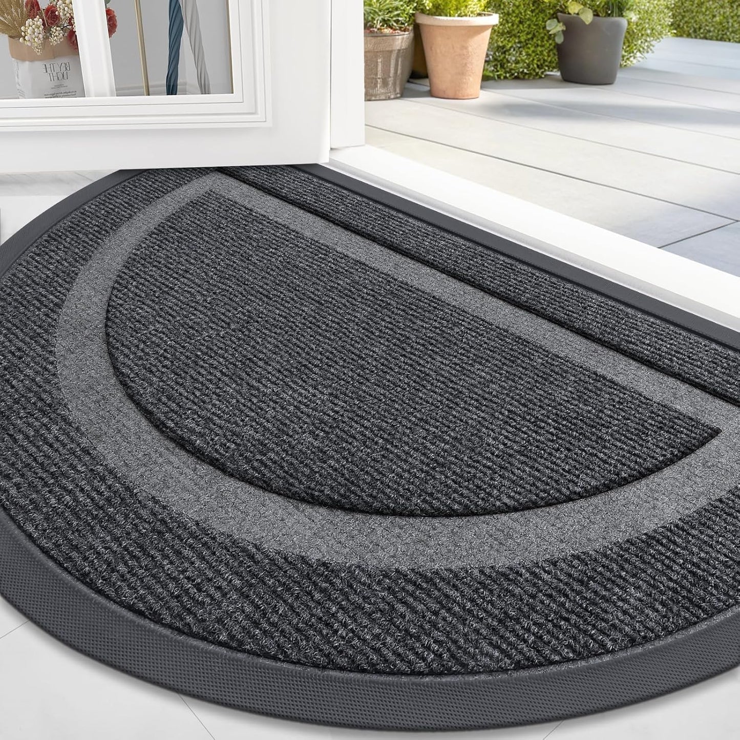 OLANLY Half Circle Door Mat Indoor Outdoor Entrance Welcome, Waterproof All-Season, All-Weather Doormat, Sturdy Natural Rubber, Low Profile, Easy Clean Patio Porch Entryway Mat, 59x23, Grey