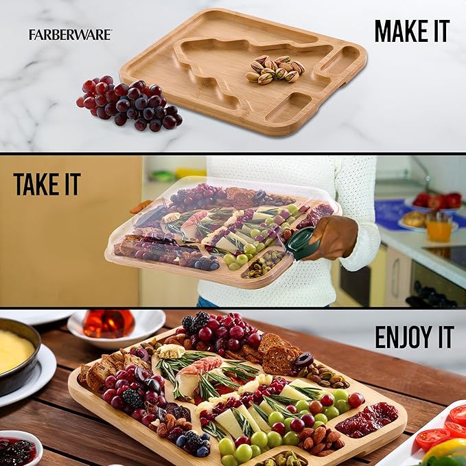 Farberware Tree Build-A-Board with Clear Locking Lid – Holiday Prep and Serve Board for Charcuterie, Cookies, Candy, and Seasonal Entertaining