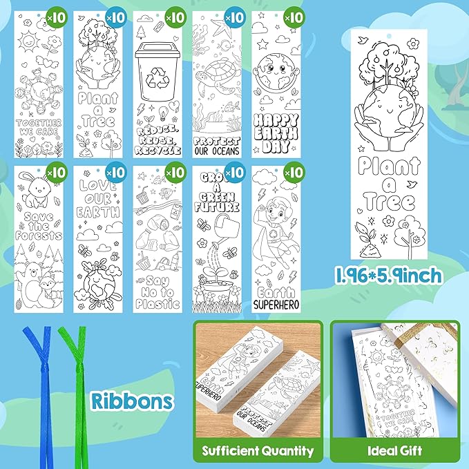 100 Pcs Earth Day Color Your Own Bookmarks Environmental Protection DIY Coloring Blank Bookmarks with Ribbon Art Crafts Supplies School Classroom Rewards Gifts Party Favors for Students Teachers