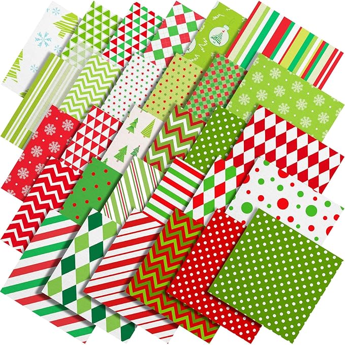 Shimeyao 60 Pcs 10 x 10 Inch Christmas Quilting Fabric Bundle Fat Quarters Stripe Dot Bright Red Green Print Squares Fabric Print Patchwork Supplies for Xmas DIY Decorations Sewing Craft