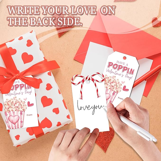 Have A Poppin Valentines Day Sticker Label, 50 Pcs Valentine Gift Tags with String, Gift Tag Paper Tags Labels Idea Valentines Activity School Classroom Party Favors-Pink