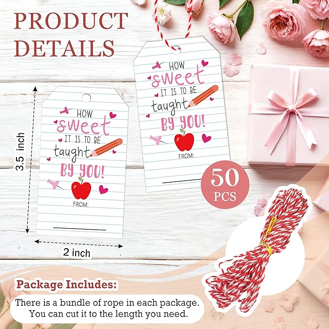 50Pcs Teacher Valentine's Day Tag - Happy Valentine Tags with String, Sweet Teacher Gift Label Idea Valentines Activity School Classroom Party Favors