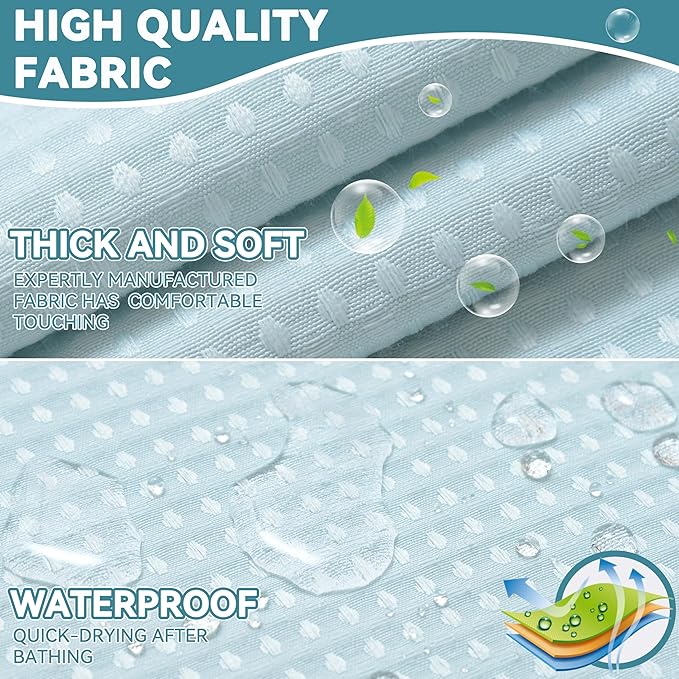 Conbo Mio No Hook Waffle Weave Shower Curtain with Snap in Liner Set, Hotel Luxury Blue Shower Curtains for Bathroom with See Through Top Window, Waterproof, Washable 71W x 74H
