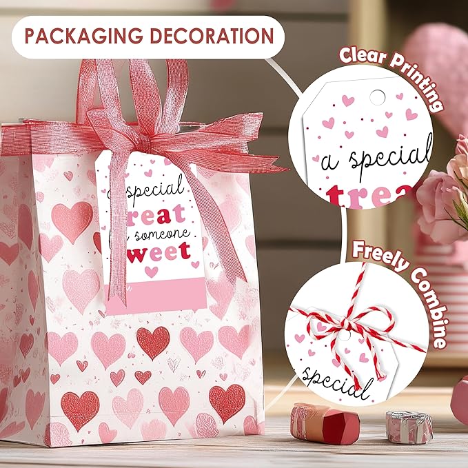 Valentines Day Gift Tags - 50Pcs Happy Valentine's Day Tags with String, A Special Treat for Someone Sweet Tag for Gift Wrapping, Valentine's Day Decoration