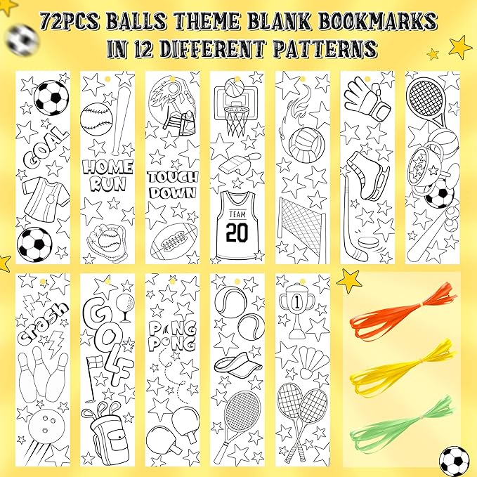 75Pcs Sports Ball Color Your Own Bookmarks for Kids Basketball Softball Theme DIY Coloring Blank Bookmark Classroom Art Craft Supplies for Teachers Students Birthday Gift Party Reward Goodie Filler