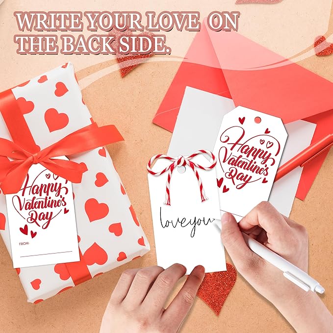 50Pcs Happy Valentines Tags for Bags - Valentine Gift Tags with String, Hanging Paper Gift Label for Wrapping Treat Bag, Idea Valentines Activity School Classroom Party Favors
