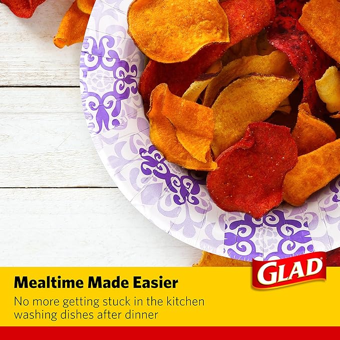 Glad Disposable Purple & White Victorian Design Bowls, 20 Count - 6 Pack | Microwave Safe, Perfect for Parties & Picnics