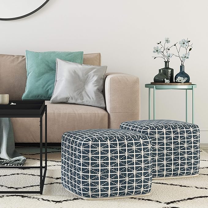 SIMPLIHOME Noreen Boho Square Pouf in Dark Blue and White Handloom Woven Pattern for the Living Room, Bedroom and Kids Room