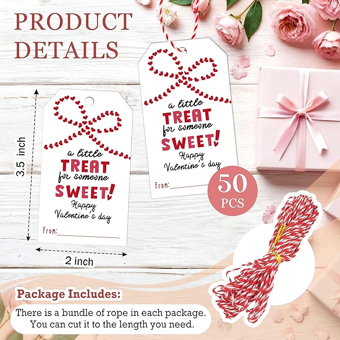 3.5 x 2.1 in Valentines Day Gift Sticker Tags - 50Pcs A Little Treat Happy Valentine Tags with String, Gift Label Idea Valentines Activity School Classroom Party Favors