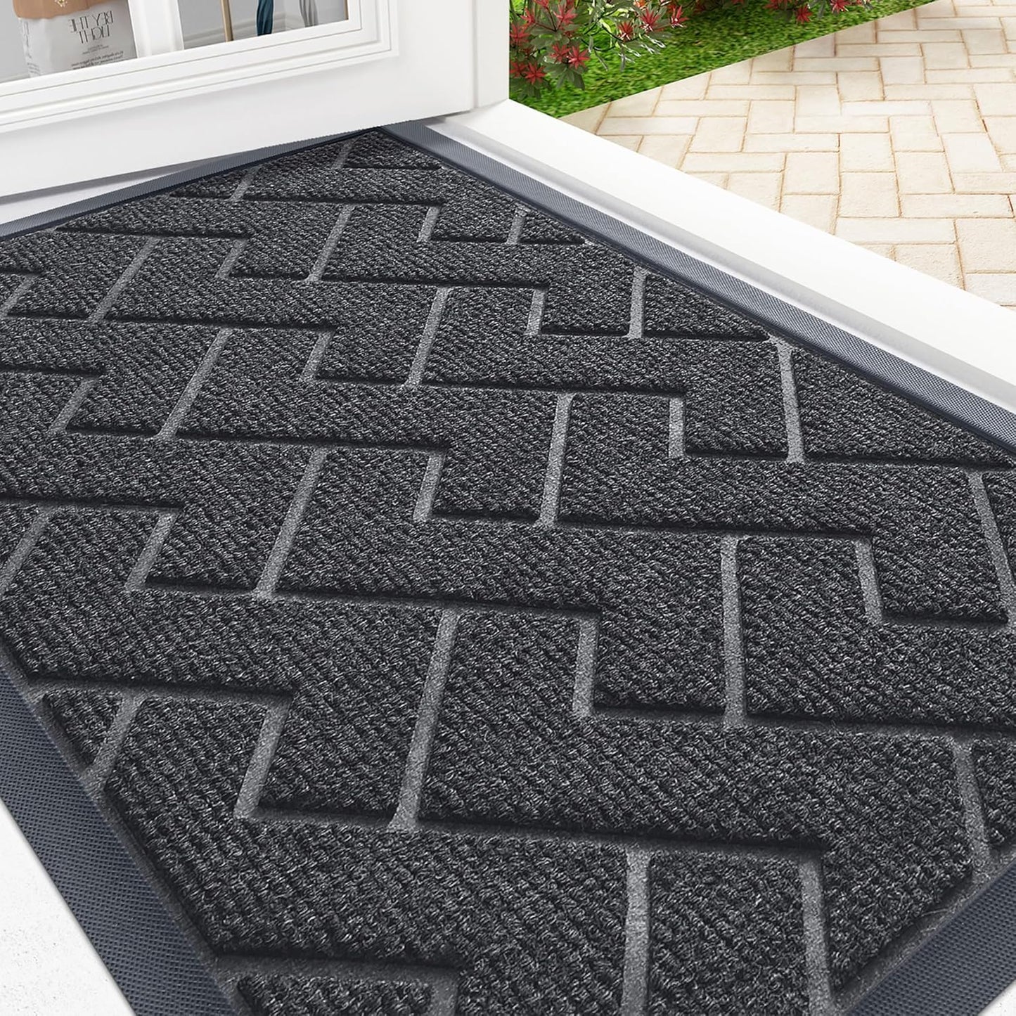 OLANLY Front Door Mat Indoor Outdoor Entrance, Waterproof All-Season, All-Weather Doormat, Sturdy Natural Rubber, Low Profile, Easy Clean Patio Porch Entryway Mat, Herringbone Brick (Grey, 29.5x17)