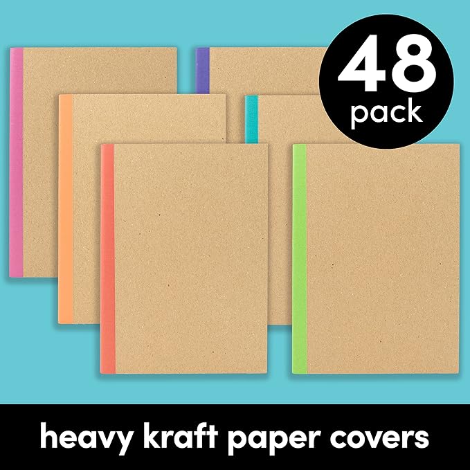 PAPERAGE 48-Pack Composition Notebook Journals, 120 Pages, Kraft Cover with Rainbow Spines, College Ruled Lined Paper, Small Size (8 in x 5.75 in) – for Home, Office or School Supplies