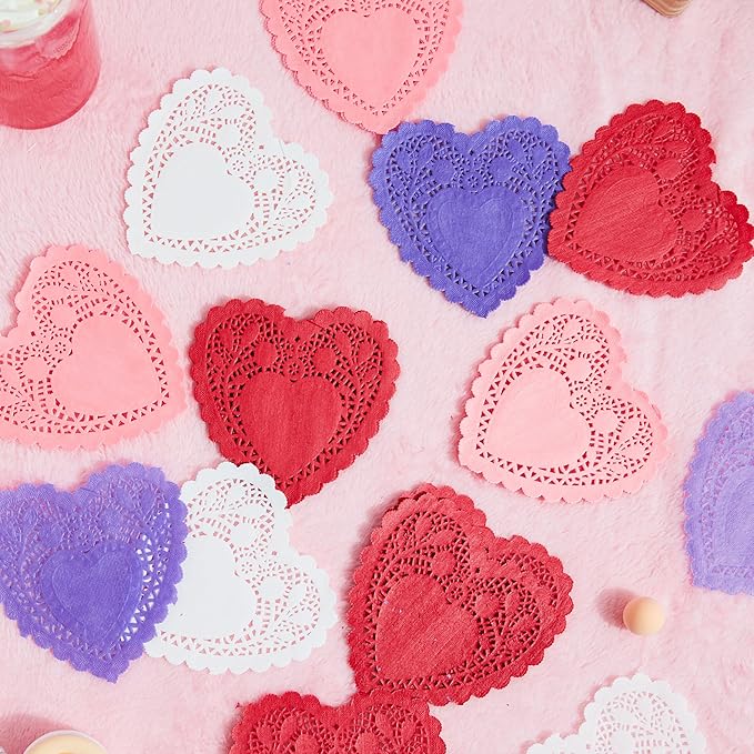 JOYIN 144 Pcs 4" Valentines Day Heart Doilies Party Decorations with 4 Colors Heart Doilies Cutouts Lace Paper Craft Gift Set for Valentine Day Party Tableware Decoration