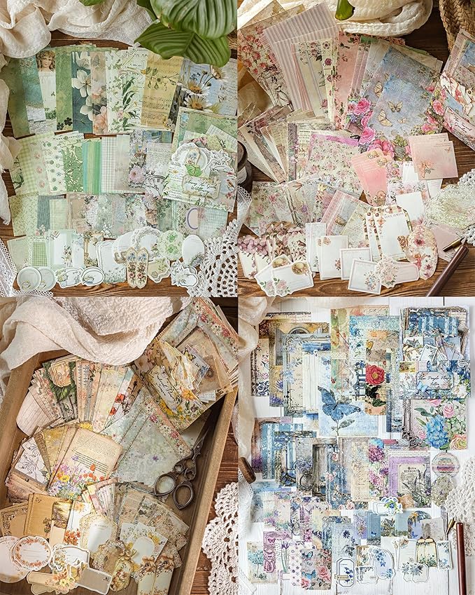 JOYCHOIC Vintage Floral Scrapbook Kit, 4 Packs Junk Journal Supplies for Beginner, Large Collection Journaling and Scrapbooking Materials, Bullet DIY Arts Craft Collage, Adults