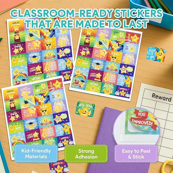 Decorably 1,440 Star Teacher Stickers for Grading for Students - 60 Sheets with 24 Adorable Designs for Classroom Activities, Reward Chart, Positive Reinforcement, Arts & Crafts, Scrapbooking, Gift