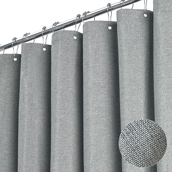 BTTN 84 Inch Wide Shower Curtain - W84xH72 Linen Textured Heavy Duty Fabric Shower Curtain Set with 14 Plastic Hooks, Large Hotel Spa Simple Waterproof Polyester Bath Curtains for Bathroom - Gray/Grey