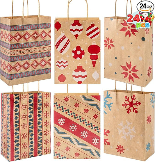 JOYIN 24 PCS Christmas Kraft Gift Bags Xmas Paper Goody Wrap Bags with Durable Handles and Non-Breaking Bottoms for Holidays, Birthdays, Classrooms and Party Favors (8.27 x 5.91 x 3.15)