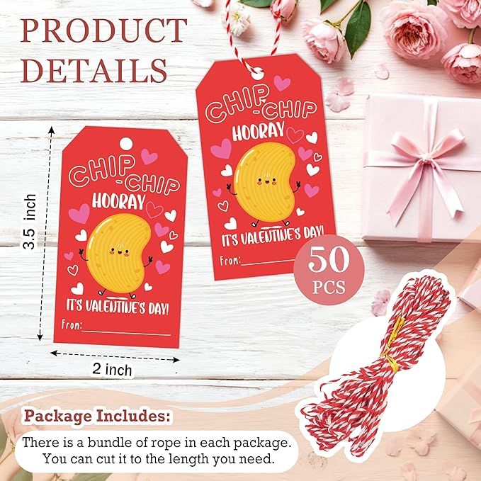 50Pcs Chip Chip Hooray Valentines Tags, Valentine Thank You Gift Label with String, Hanging Paper Gift Label for Wrapping Treat Bag, Idea Valentines Activity School Classroom Party Favors