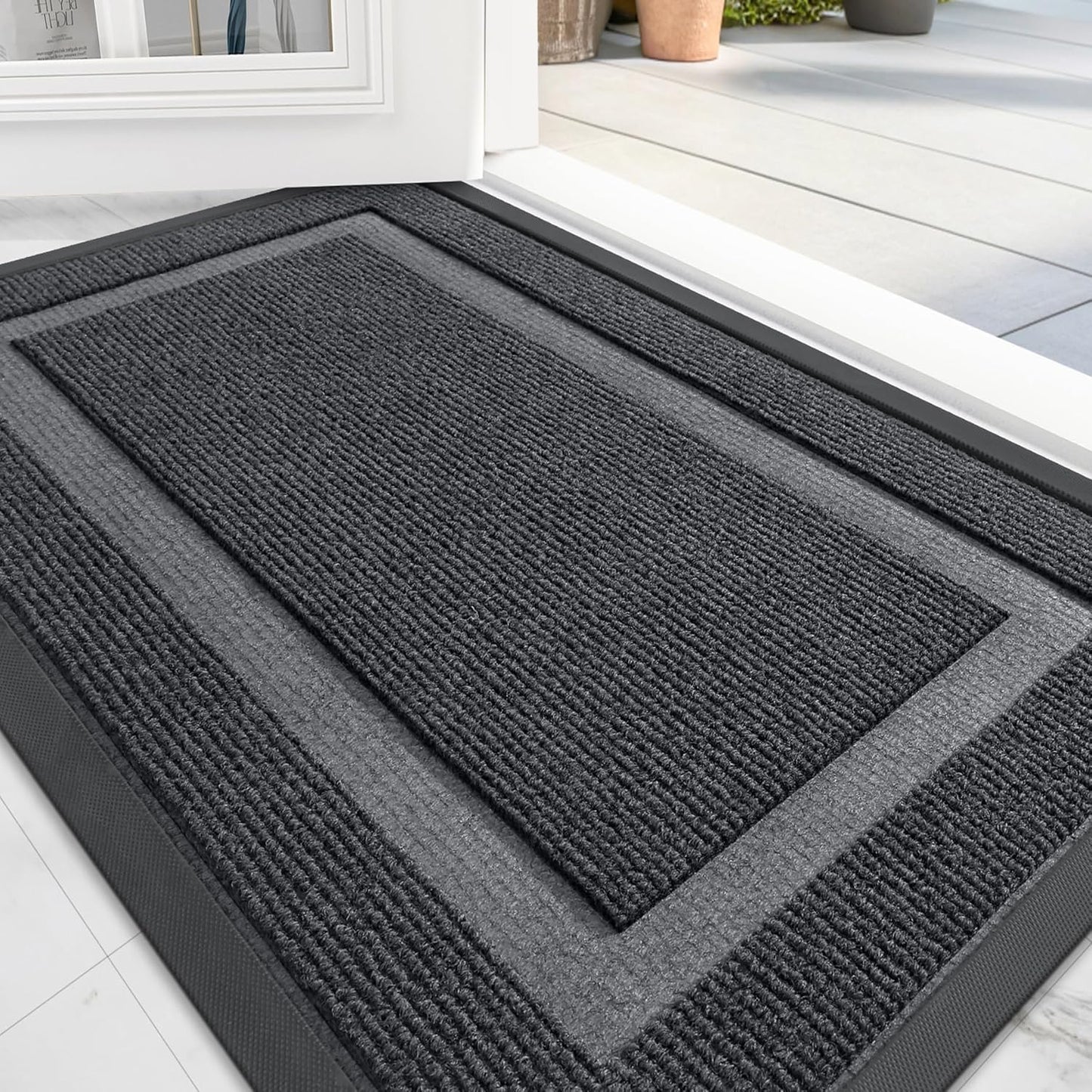 OLANLY Front Door Mat Indoor Outdoor Entrance, Waterproof All-Season, All-Weather Doormat, Sturdy Natural Rubber, Fade Resistant, Low Profile, Easy Clean Patio Porch Entryway Mat, 59x23, Grey