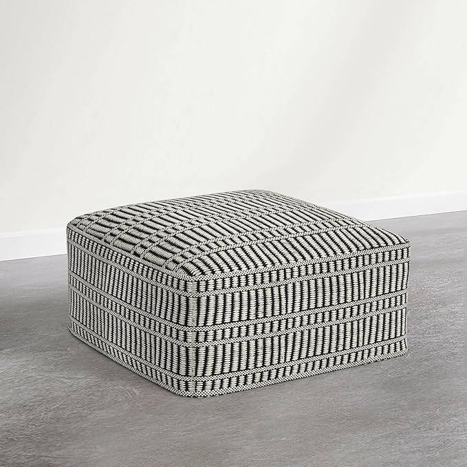 SIMPLIHOME Safford Square Pouf - 20 inch Wide Upholstered PET Polyester Ottoman in Cream White and Deep Black, Boho Indoor/Outdoor Footstool or Extra Seating for Living Room or Patio, Assembled