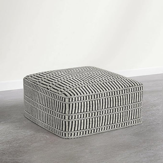 SIMPLIHOME Safford Square Pouf - 20 inch Wide Upholstered PET Polyester Ottoman in Cream White and Deep Black, Boho Indoor/Outdoor Footstool or Extra Seating for Living Room or Patio, Assembled