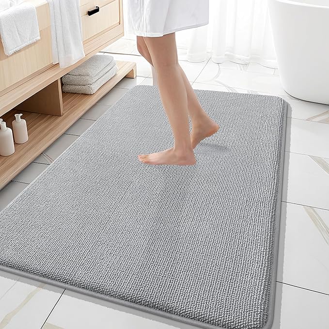 OLANLY Thick Memory Foam Bath Mat Rug 59x35, Extra Soft Absorbent Bathroom Rug, Quick Dry Bath Mats, Non-Slip, Machine Washable Carpet for Bathroom, Tub and Shower, Home Decor Accessories, Light Grey