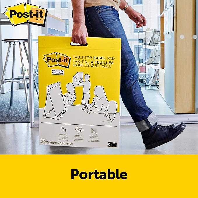 Post-it Super Sticky Tabletop Easel Pad, Great for Virtual Teachers & Students 20x23 Inches 20 Sheets/Pad Portable White Premium Self Stick Flip Chart Paper, Builtin Easel Stand_Pad (563R) (Pack of 2)