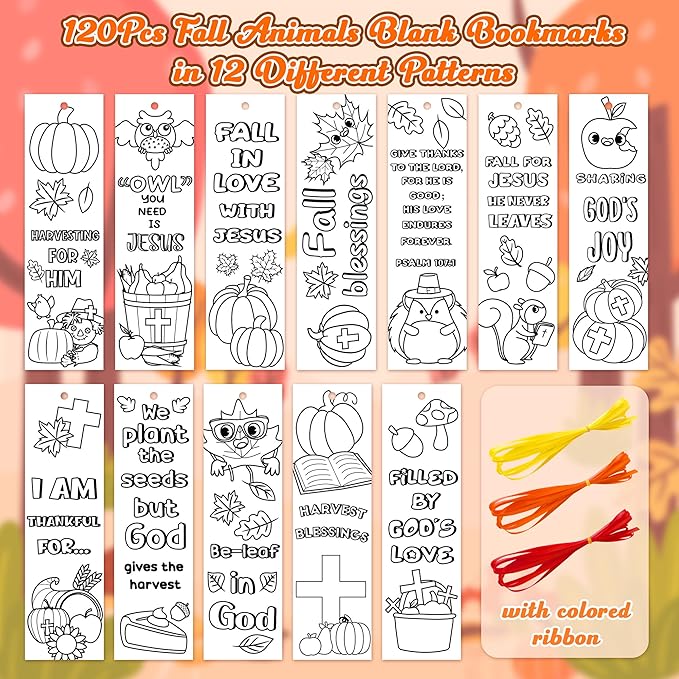 Fall Color Your Own Bookmarks for Kids - 120Pcs Religious Theme DIY Coloring Blank Bookmark Christian Classroom Art Craft Supplies for Teachers Students Gift Party Sunday School Reward Goodie Fillers