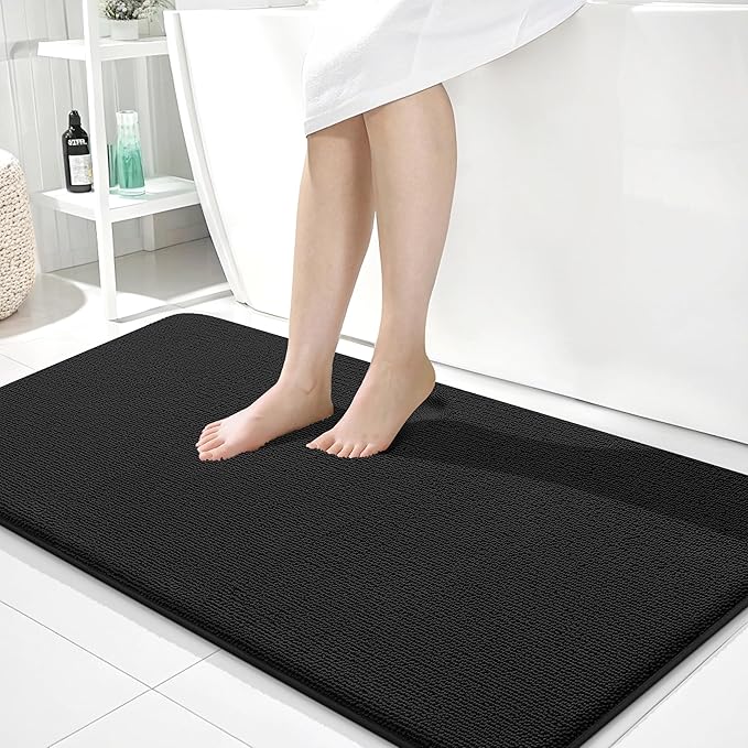 OLANLY Thick Memory Foam Bath Mats Rugs 45x27, Extra Soft Absorbent Bathroom Rug, Quick Dry Bath Mat, Non-Slip, Machine Washable Carpet for Bathroom, Tub and Shower, Home Decor Accessories, Black