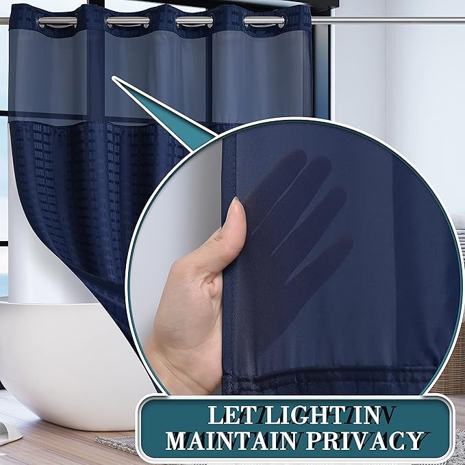 Conbo Mio Extra Long No Hook Shower Curtain with Snap in Liner Set, Hotel Luxury Navy Blue Shower Curtains for Bathroom with See Through Top Window, Waterproof, Washable 71W x 84H