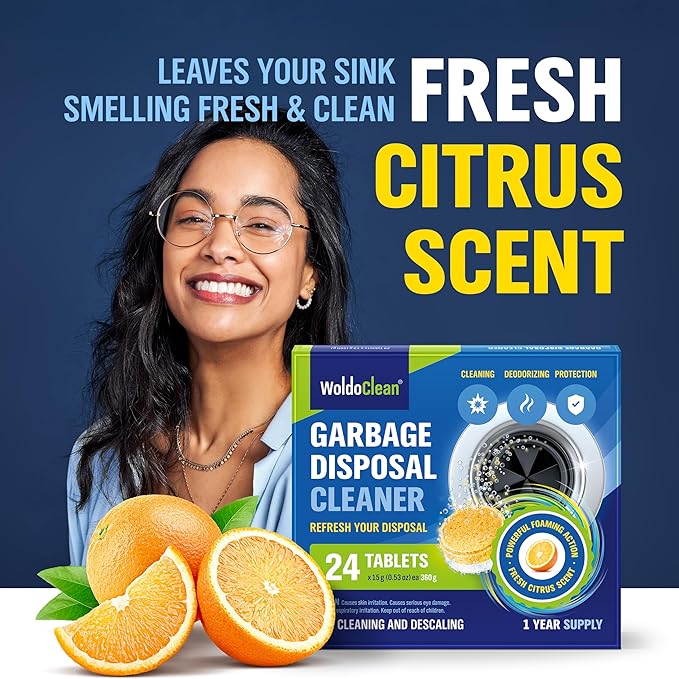 WoldoClean Garbage Disposal Cleaner Tablets - 24 Pack, Removes Grease & Odors, Fresh Citrus Foaming Action for Powerful & Deep Kitchen Cleaning