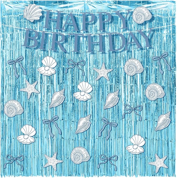 Epakh 39 Pcs Coastal Blue Bow Starfish Seashell Party Decorations Includes 24 Pcs Paper Cards Decor 13 Happy Birthday Banner 2 Foil Fringe Curtain Backdrop for Ocean Photo Prop Party Supplies