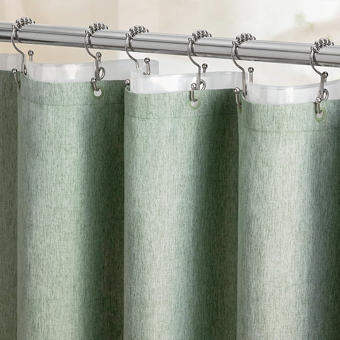 BTTN Sage Green 3 in 1 Shower Curtain Set - Linen Textured Cloth Shower Curtain and PEVA Liner with Plastic Hook and 3 Magnets, Tall Modern Neutral Waterproof Shower Curtain for Bathroom, 72x84