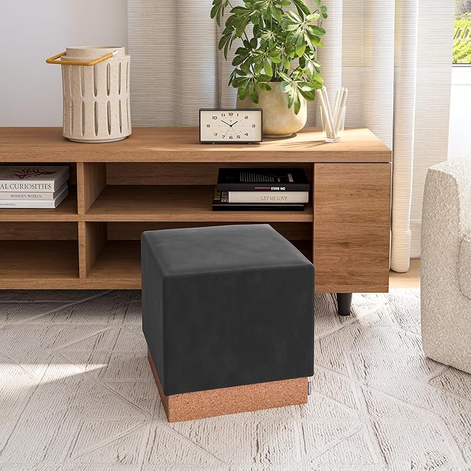 Seville Classics Cushioned Fabric Ottoman Hidden Storage Chest Footrest Chair, Padded Seat for Bedroom, Dorm, Loft, Living Room, Entryway, Hallway, Cork/Steel Grey, 15" Cube
