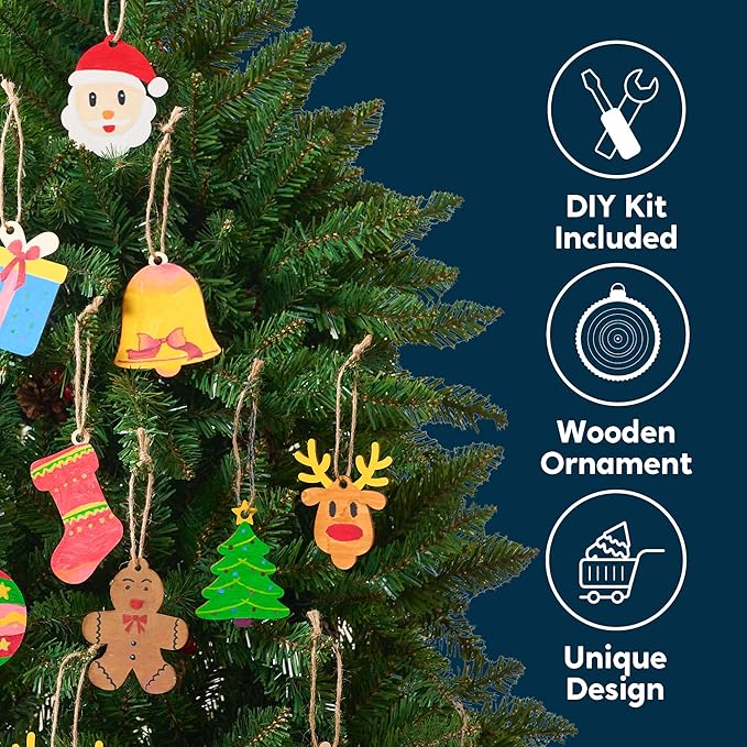 JOYIN 100 Pcs Christmas Wooden Ornaments Crafts to Paint, Unfinished Wood Painting Kits with 8 Watercolor Pens for Kids, Make Your Own DIY Hanging Ornament for Xmas Tree Decor Party Supplies (Age 8+)