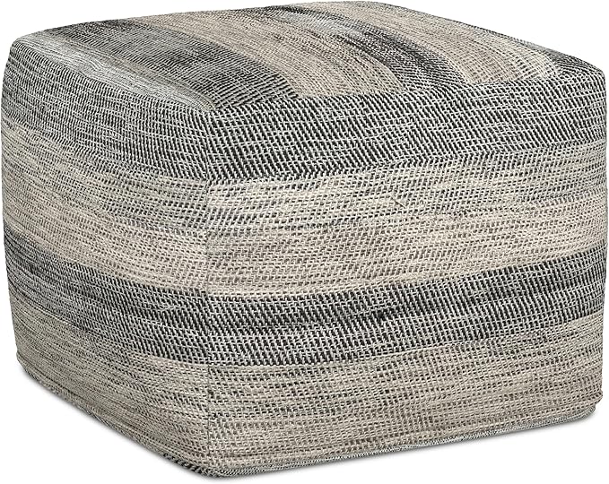 SIMPLIHOME Clay Square Pouf - 18 inch Wide Upholstered Cotton Ottoman in Grey Melange, Boho Footstool, Decorative Cube Pouf or Extra Seating for Living Room, Bedroom, or Kids Room, Assembled