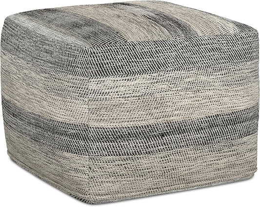 SIMPLIHOME Clay Square Pouf - 18 inch Wide Upholstered Cotton Ottoman in Grey Melange, Boho Footstool, Decorative Cube Pouf or Extra Seating for Living Room, Bedroom, or Kids Room, Assembled