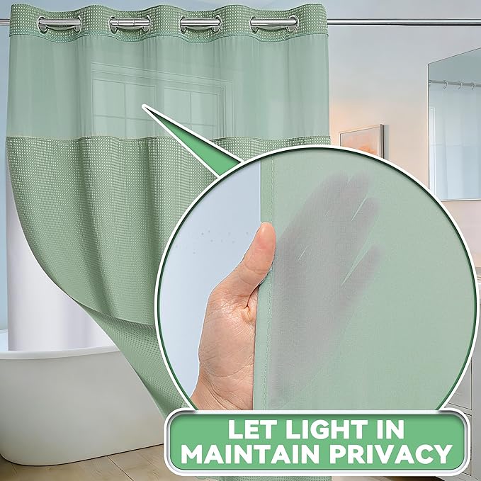 Conbo Mio Extra Long No Hook Sage Green Waffle Weave Shower Curtain with Snap in Liner Set, Hotel Luxury Shower Curtains for Bathroom with See Through Top Window, Waterproof, Washable 71W x 84H