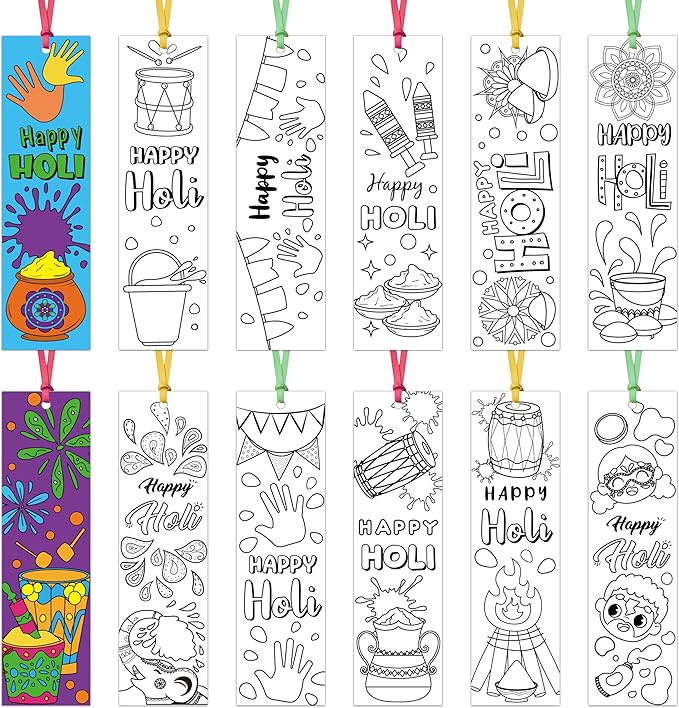 75Pcs Holi Color Your Own Bookmarks Happy Holi DIY Coloring Blank Bookmark Classroom Art Craft Supplies for Teachers Students Indian Festival Holiday Party Gift Supplies Reward Goodie Fillers