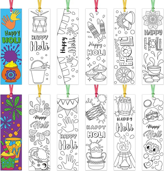 75Pcs Holi Color Your Own Bookmarks Happy Holi DIY Coloring Blank Bookmark Classroom Art Craft Supplies for Teachers Students Indian Festival Holiday Party Gift Supplies Reward Goodie Fillers
