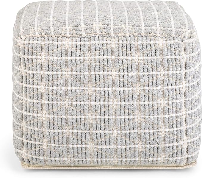 SIMPLIHOME Noreen Square Pouf - 18 inch Wide Upholstered Handwoven Cotton Ottoman in Light Blue and White, Boho Footstool or Extra Seating for Living Room with Polystyrene Filling, Assembled