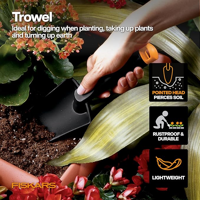 Fiskars 5-Piece Flower Gardening Essentials Set, Floral Pruner, Trowel, Cultivator, Gloves & Kneeling Cushion, Easy Action Bypass Blade with Wire Cutter & Stem Stripper, Lightweight Rustproof