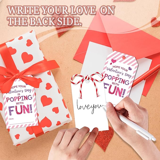 50 Pcs Have A Poppin Valentines Day Sticker Label, Valentine Gift Tags with String, Gift Label Idea Valentines Activity Party Favors-Pink White